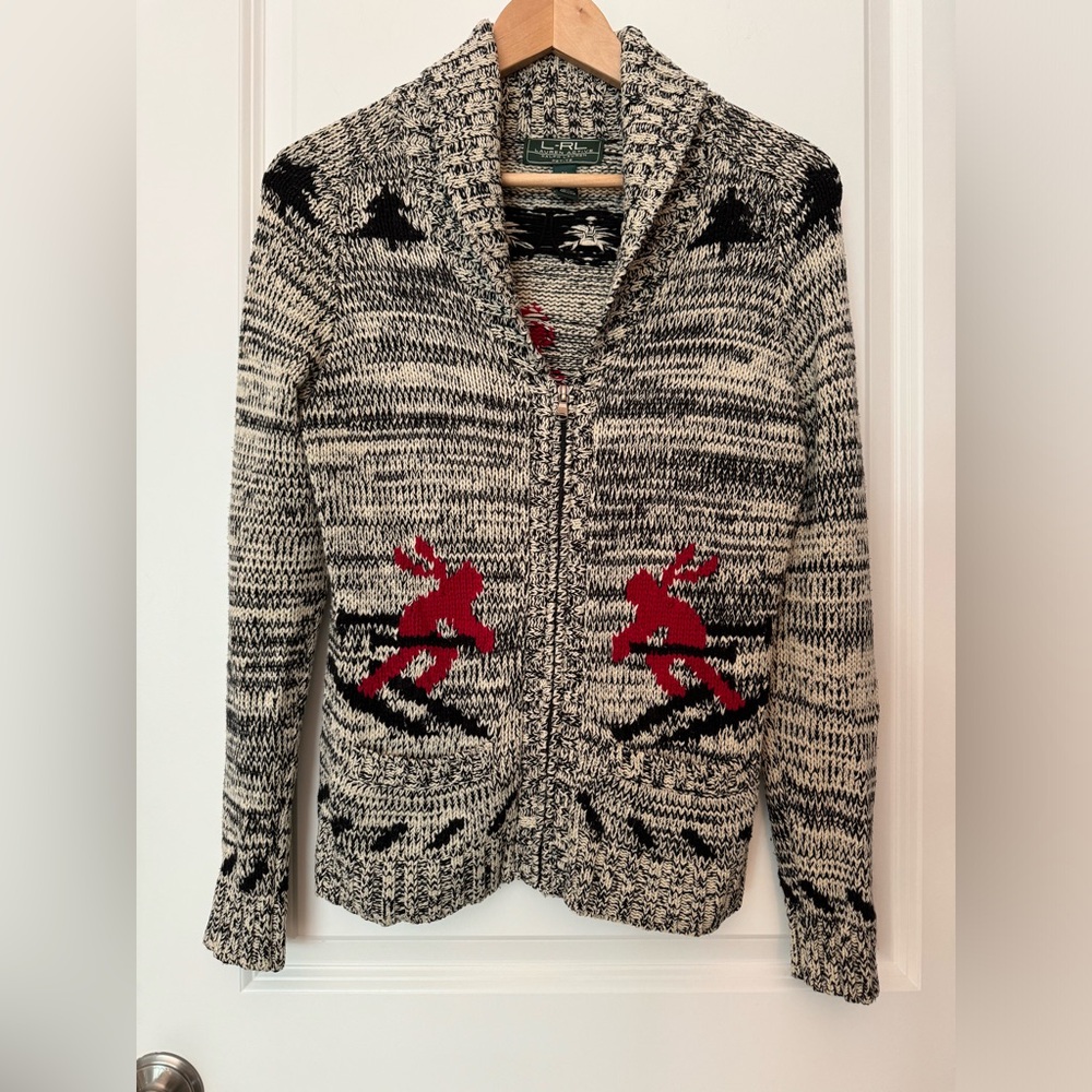 Ralph Lauren Marled Shawl-Collar Zip Sweater with Red Ski Motif